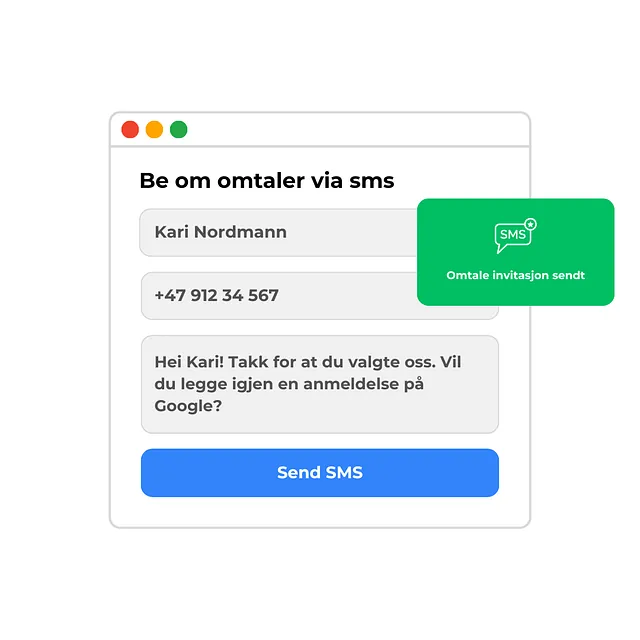 Skjermbilde av SMS-verktøy for å be om kundeomtaler.